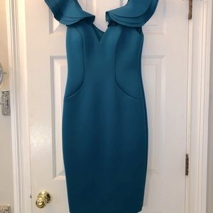 Eliza J cap sleeve scuba teal dress size 6 with ruffle detail.